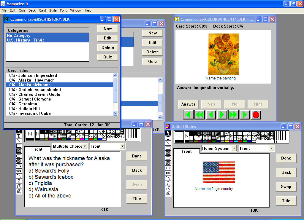 Flashcard software for creating, quizzing, and printing flashcards.